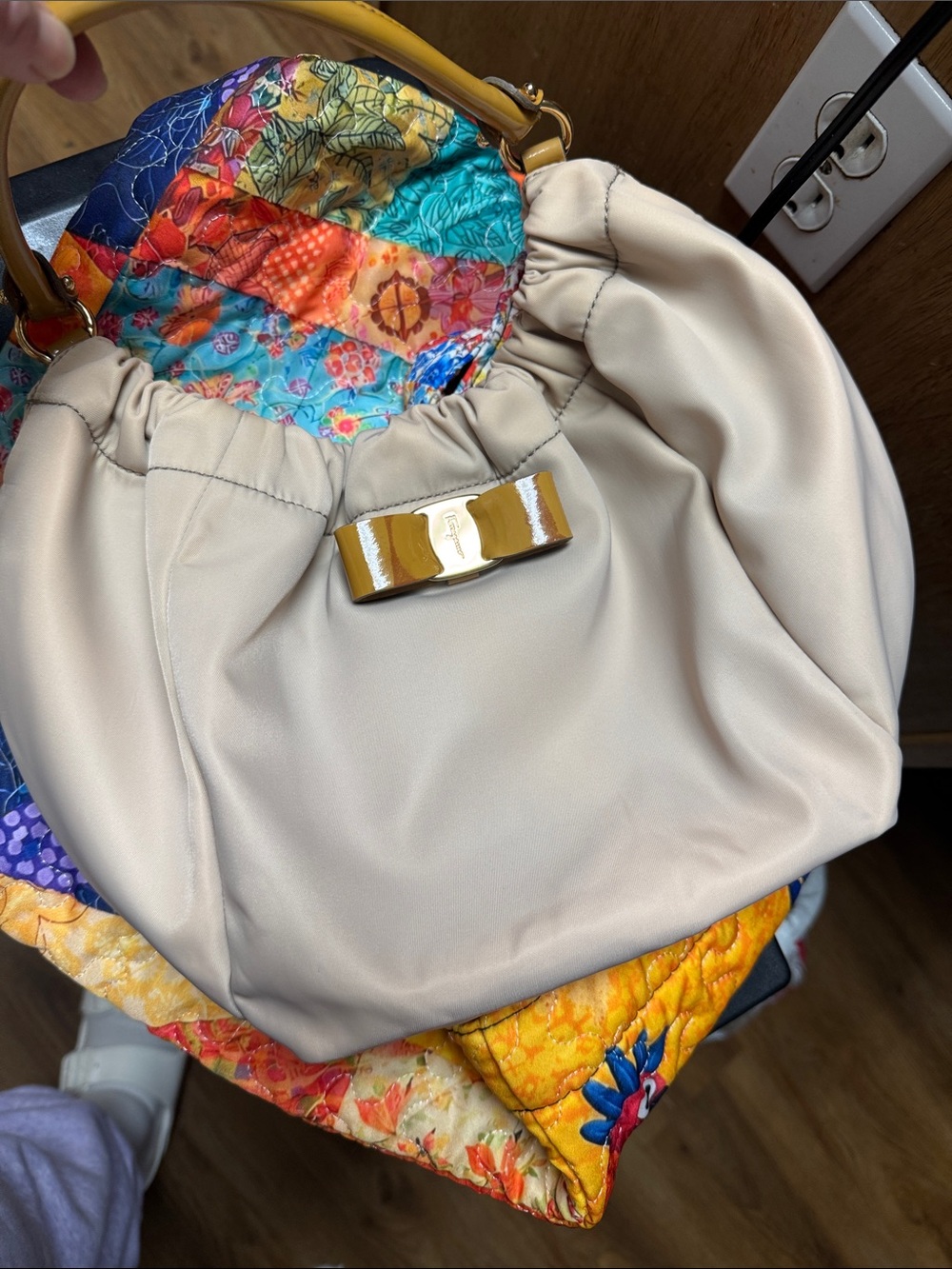 Salvatore Ferragamo Leather Shoulder Bag with Gold Bow Accent